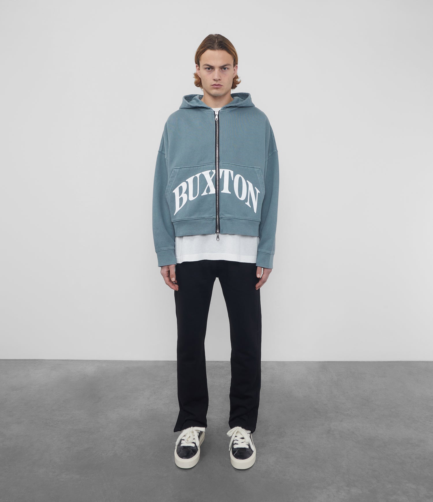 Cole Buxton | Heavyweight Cropped Logo Zipped Hoodie | Cotton | Washed Green