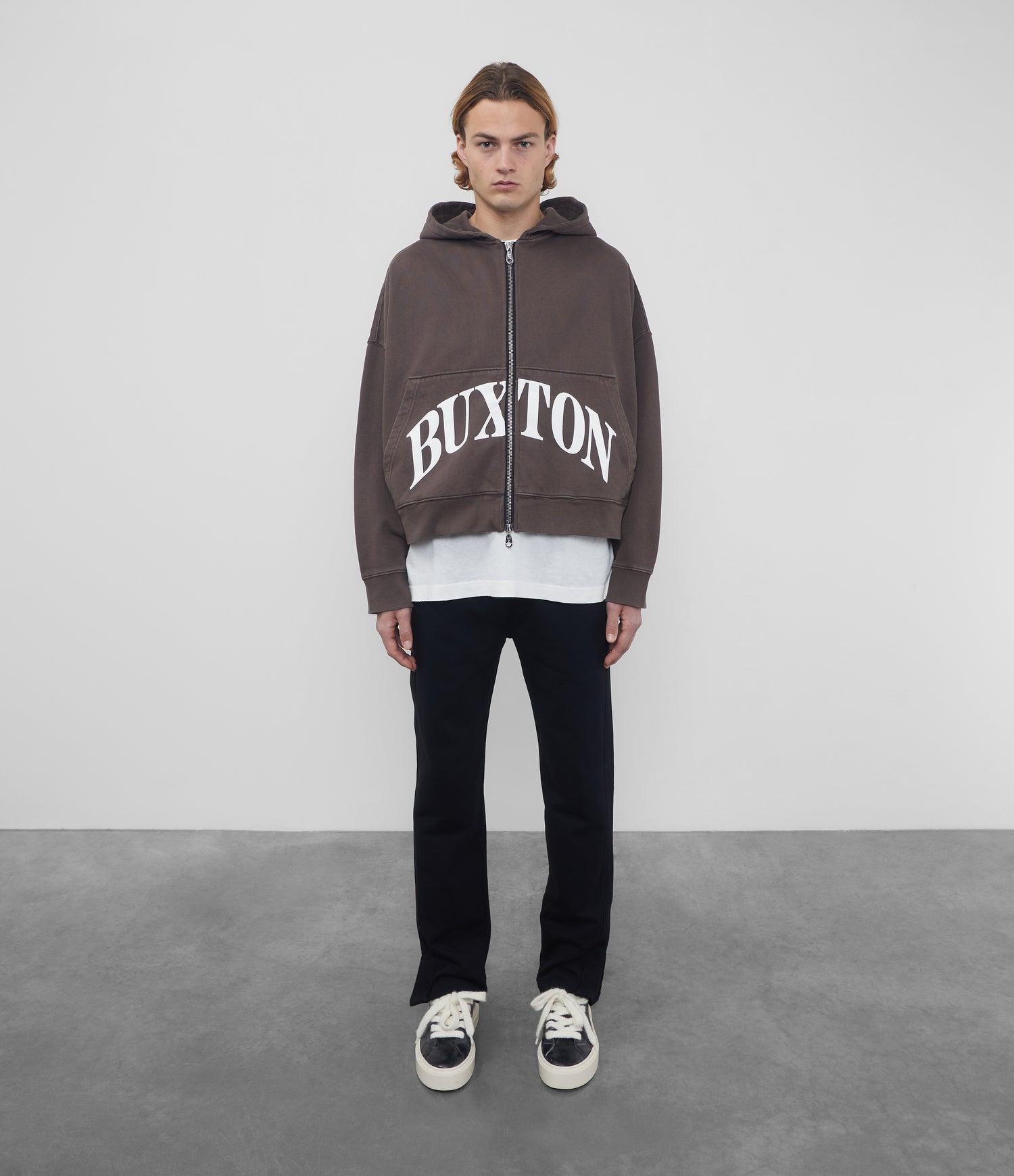 Cole Buxton | Heavyweight Cropped Logo Zipped Hoodie | Cotton | Washed Brown