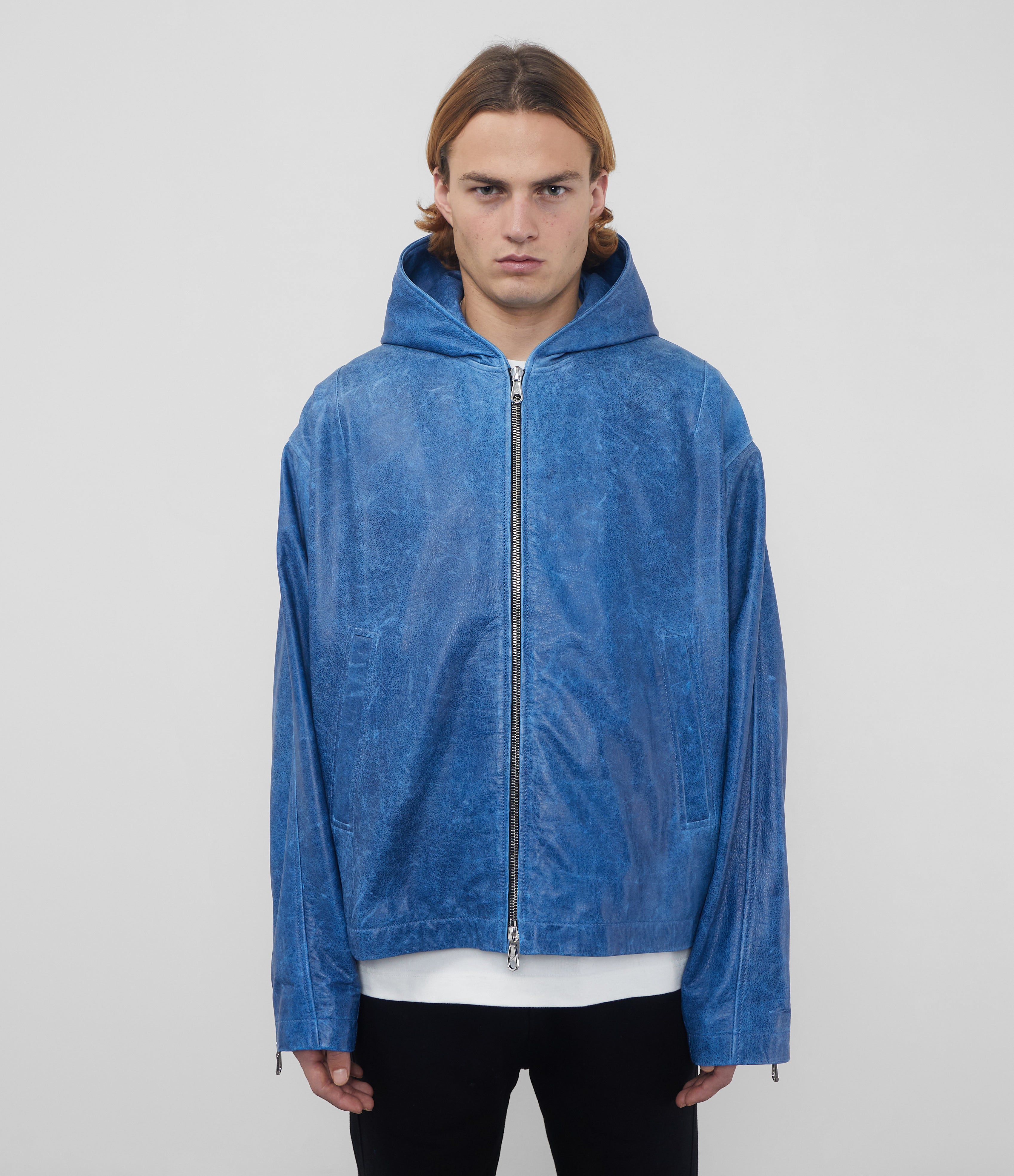 Blue hooded leather clearance jacket