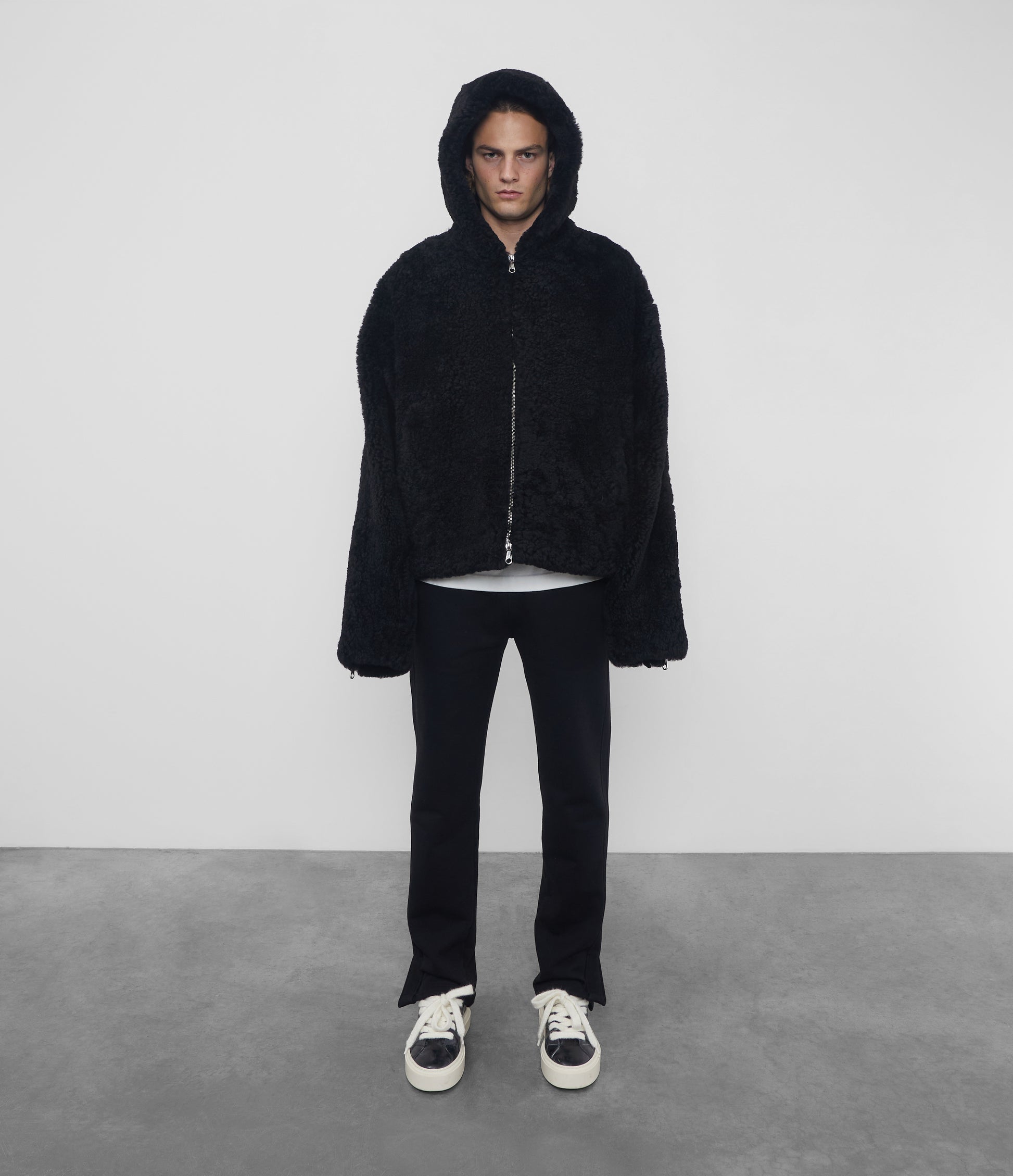 Cole Buxton | Hooded Shearling Jacket | Mens | Merino Skin | Black