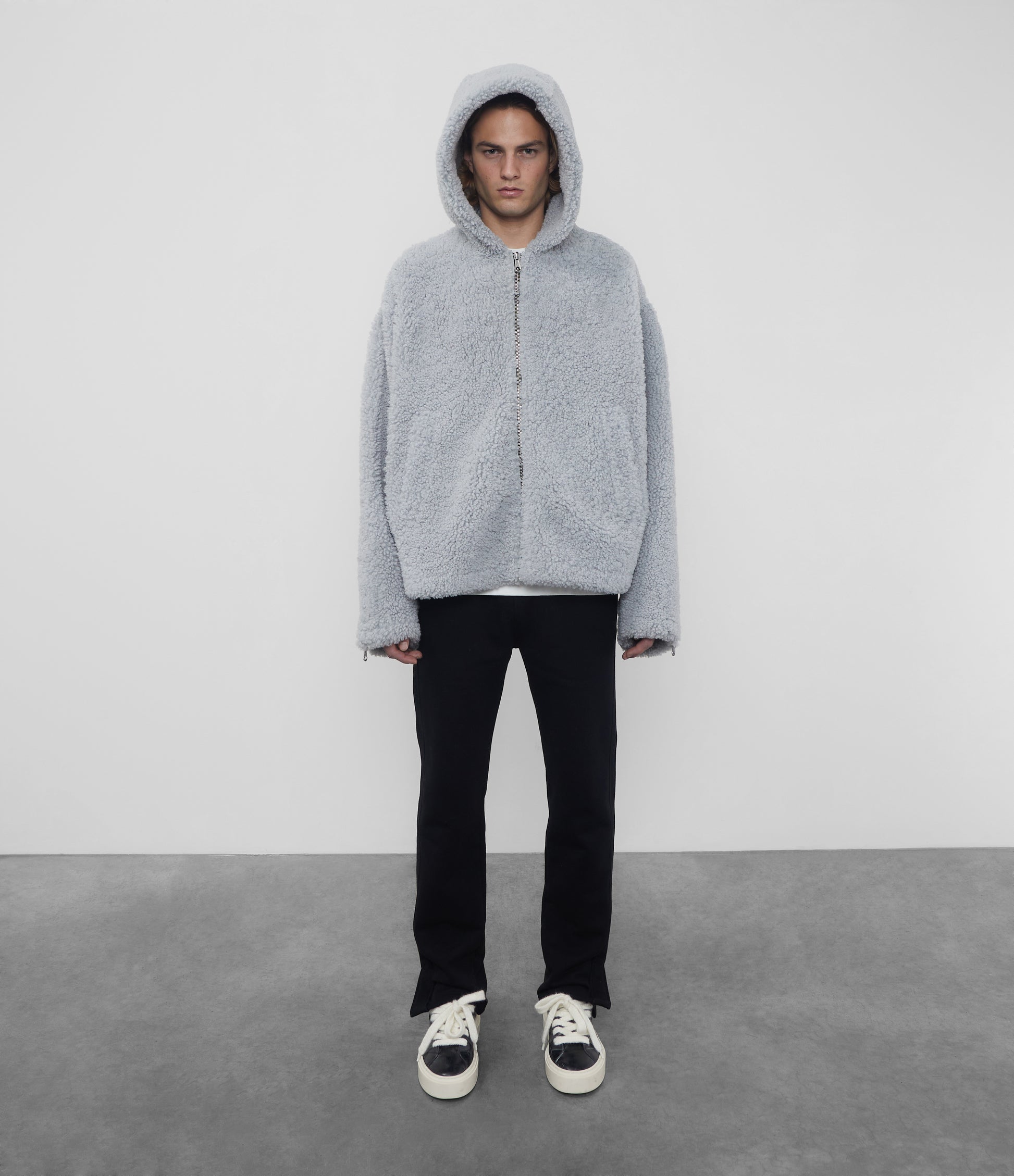 Cole Buxton | Hooded Shearling Jacket | Mens | Merino Skin | Grey