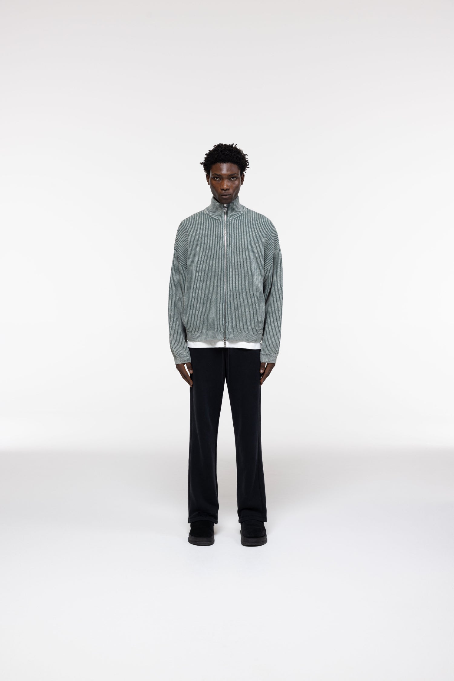 Cole Buxton | Acid Wash Knit Zip Through | Mens | Washed Green