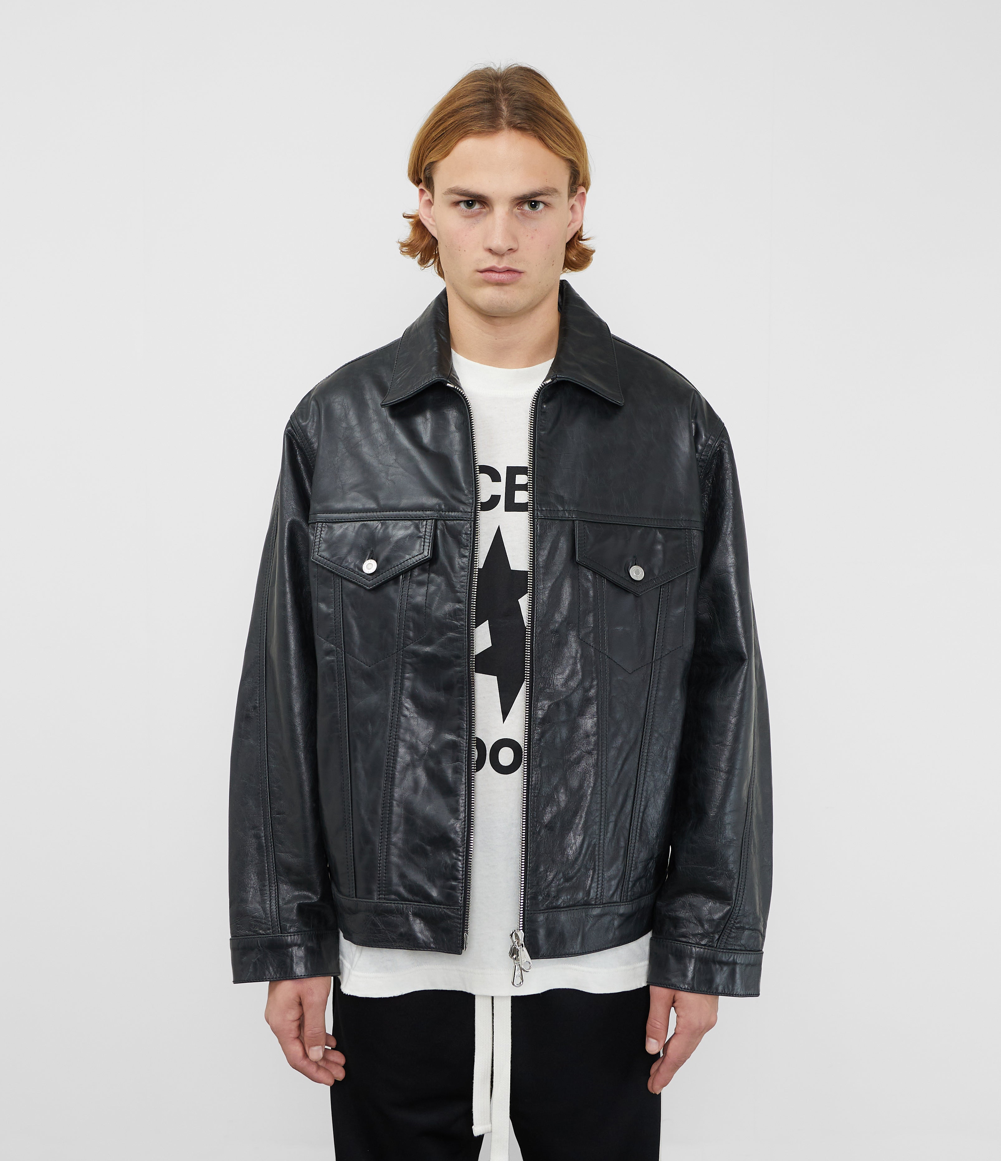 Black leather trucker outlet jacket