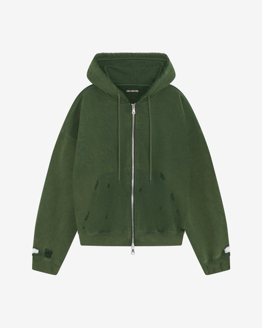 Cole Buxton | Distressed Zipped Hoodie | Mens | Washed Forest Green